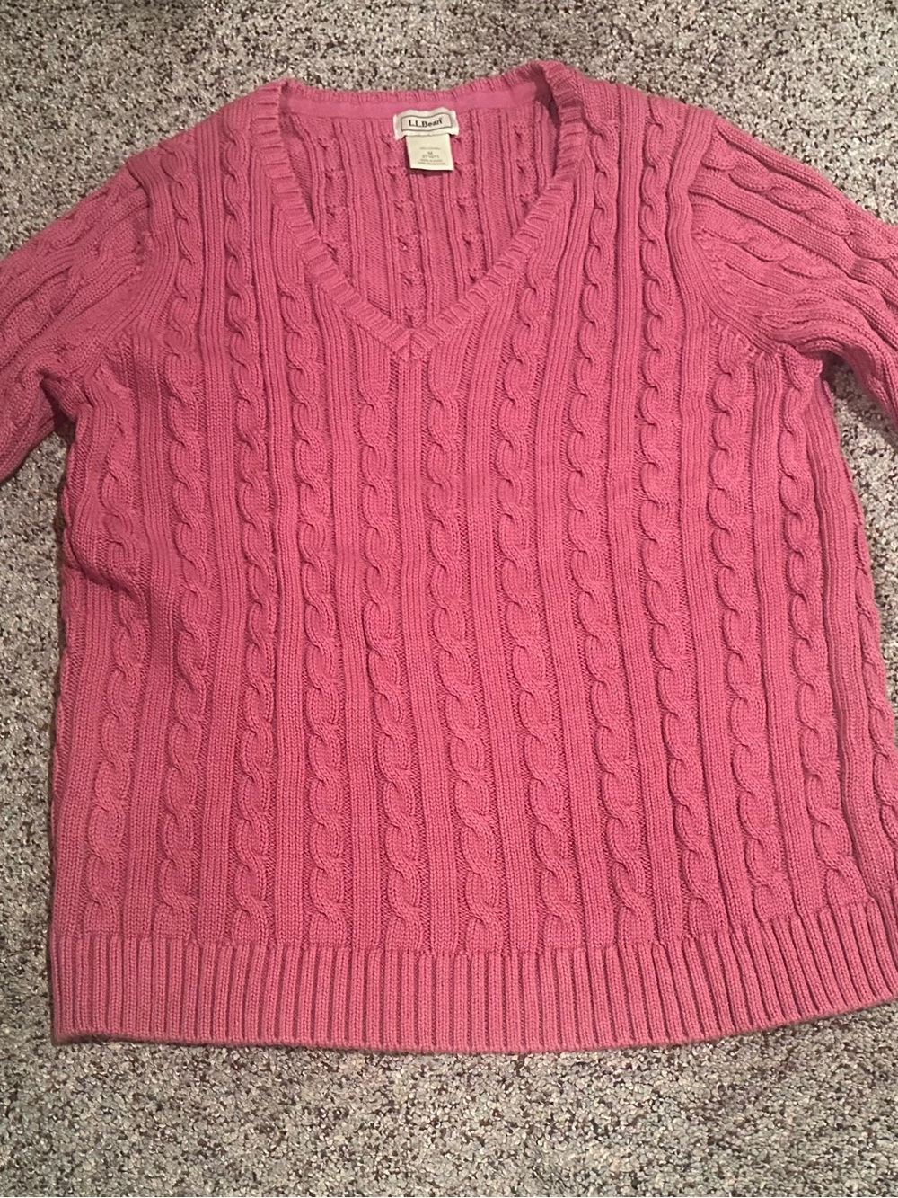 L.L. Bean Women's Rose Pink Cotton Cable-Knit V-Neck Sweater